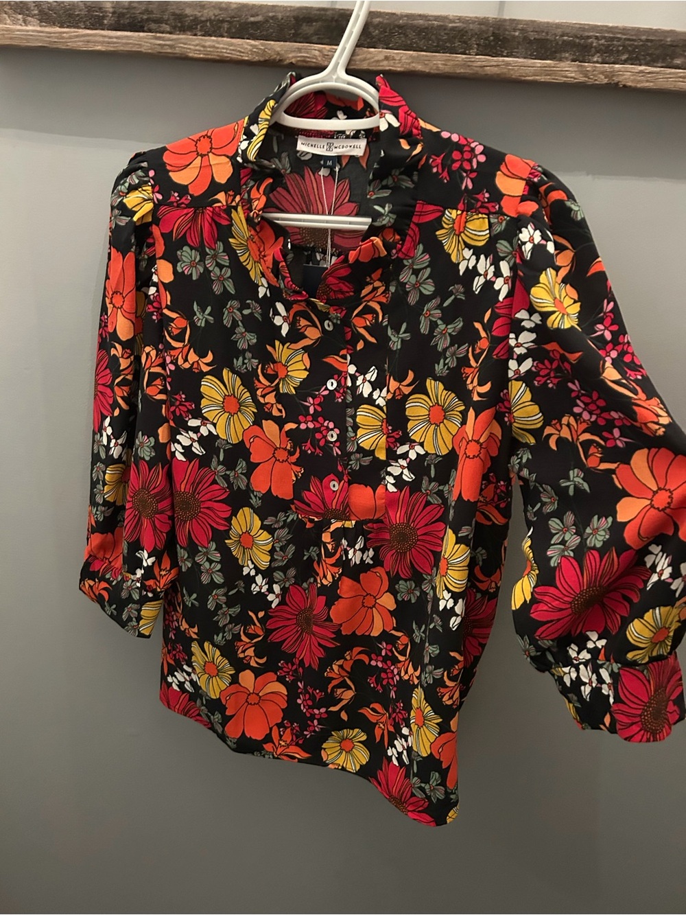 Vibrant Floral Blouse in Black with Red & Yellow Flowers - Unknown Brand